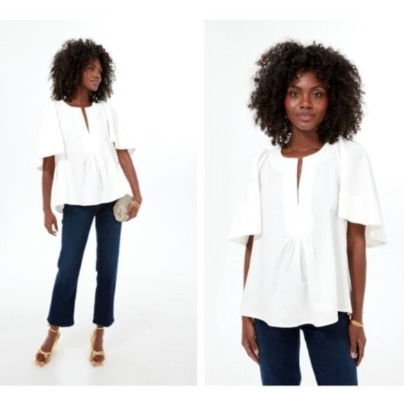 Pomander Place | NEW White Finley Coastal Flutter Sleeve Pleated Top Size M - Picture 1 of 8